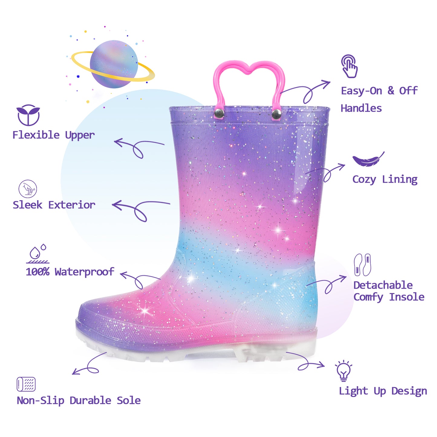 light up kids rain boots with handles