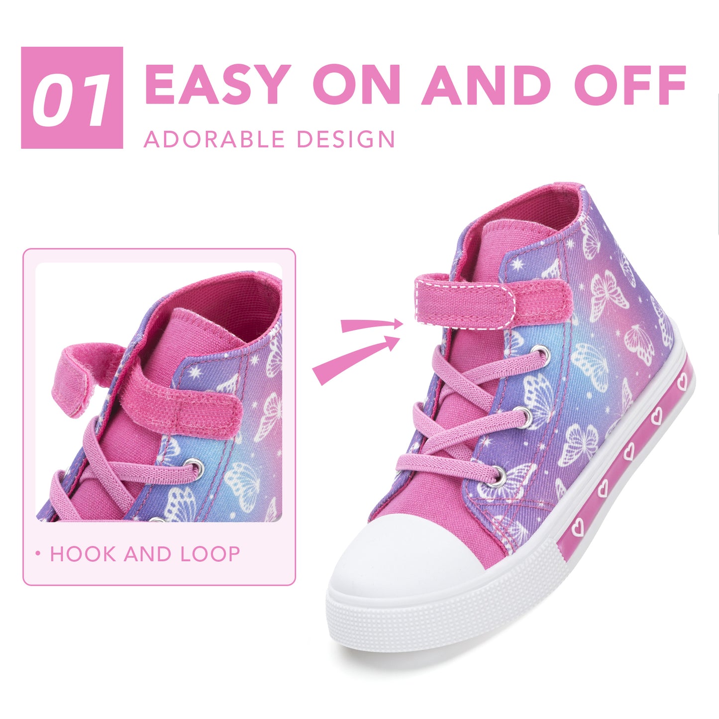 velcro pink blue purple butterfly light up high top canvas sneakers
