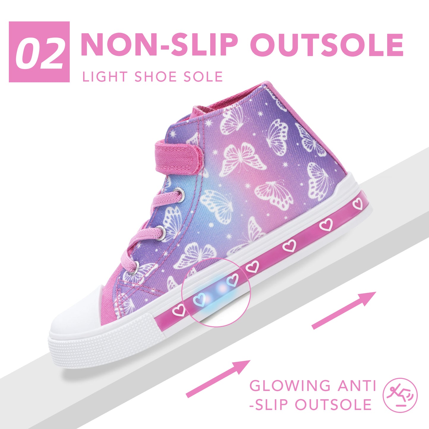 velcro pink blue purple butterfly light up high top canvas sneakers