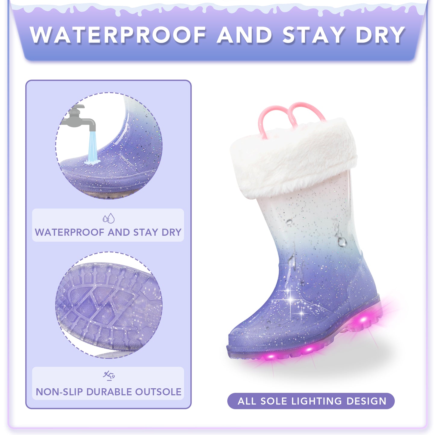 light up purple warm rain boots