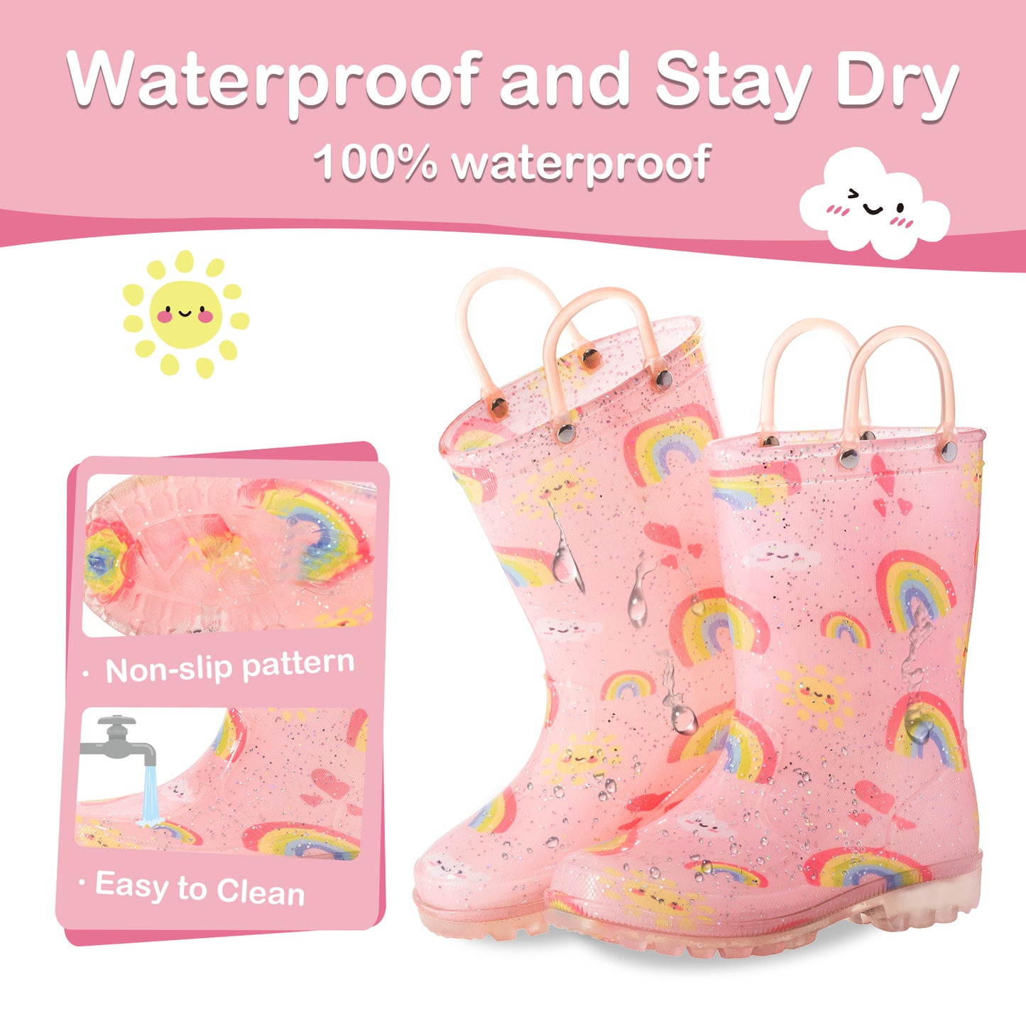 light up pink rainbow rain boots