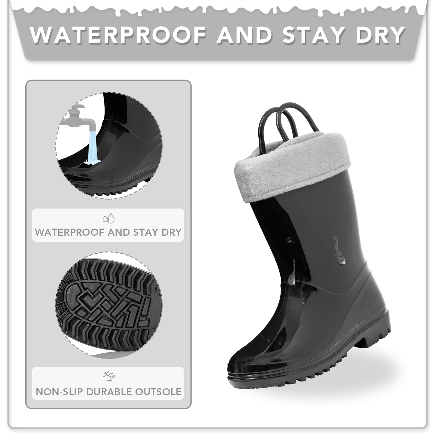kid toddler solid black warm rain boots