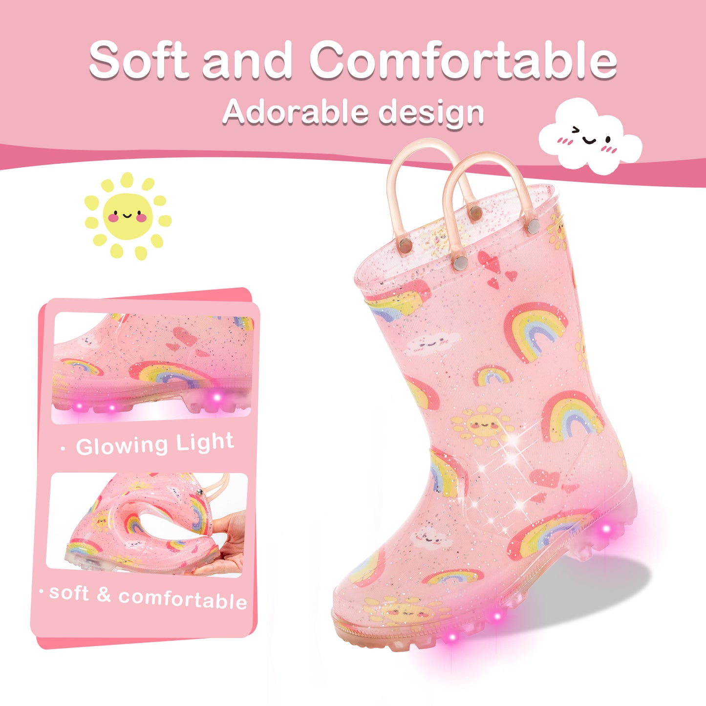 pink rainbow light up kids rain boots