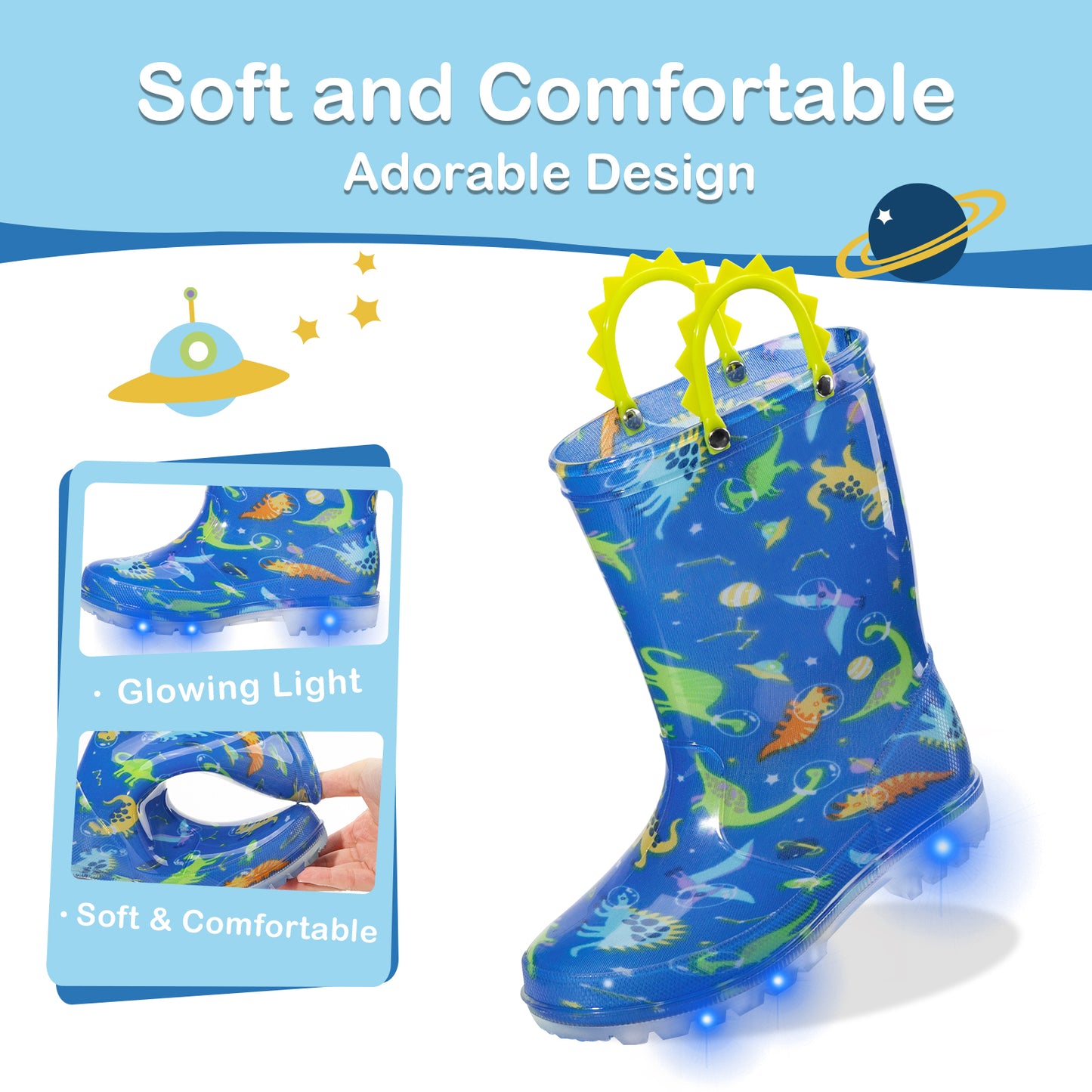 boy space dinosaur light up waterproof rain boots