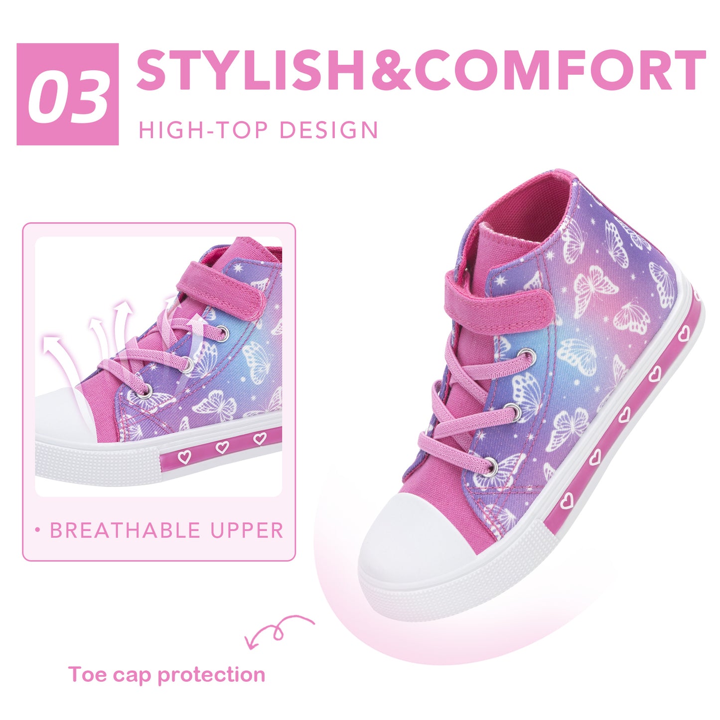 velcro pink blue purple butterfly light up high top canvas sneakers