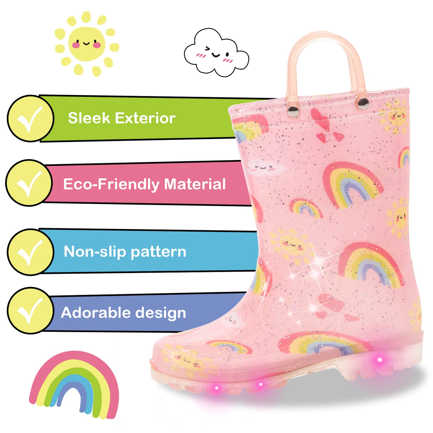 light up pink rainbow rain boots