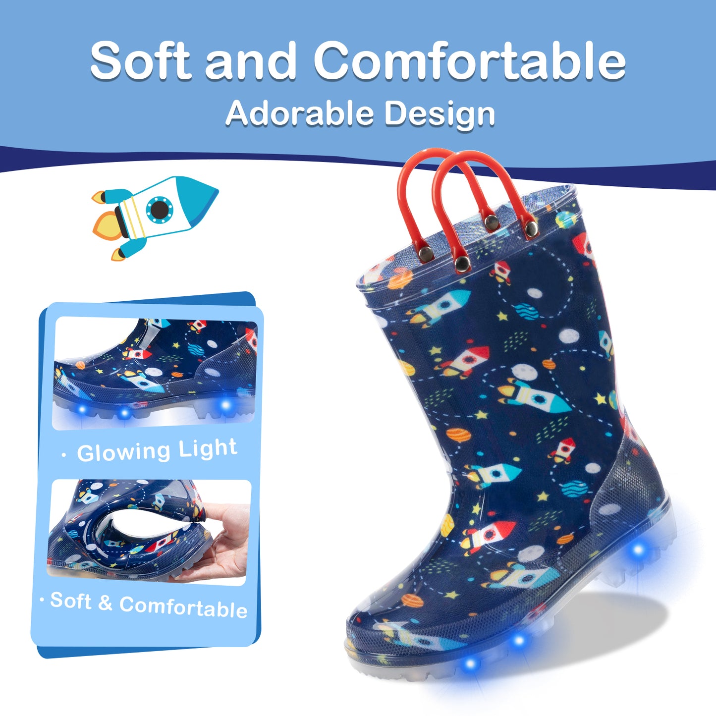 red and blue rocket light up waterproof rain boots