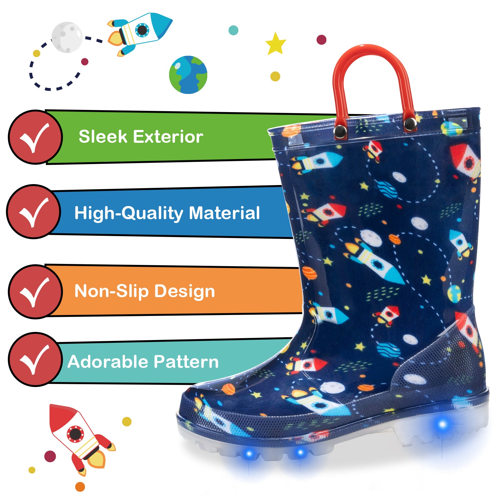 Red And Blue Rocket Light Up Waterproof Rain Boots