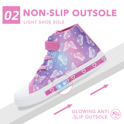 Velcro Pink Blue Purple Butterfly Light Up High Top Canvas Sneakers
