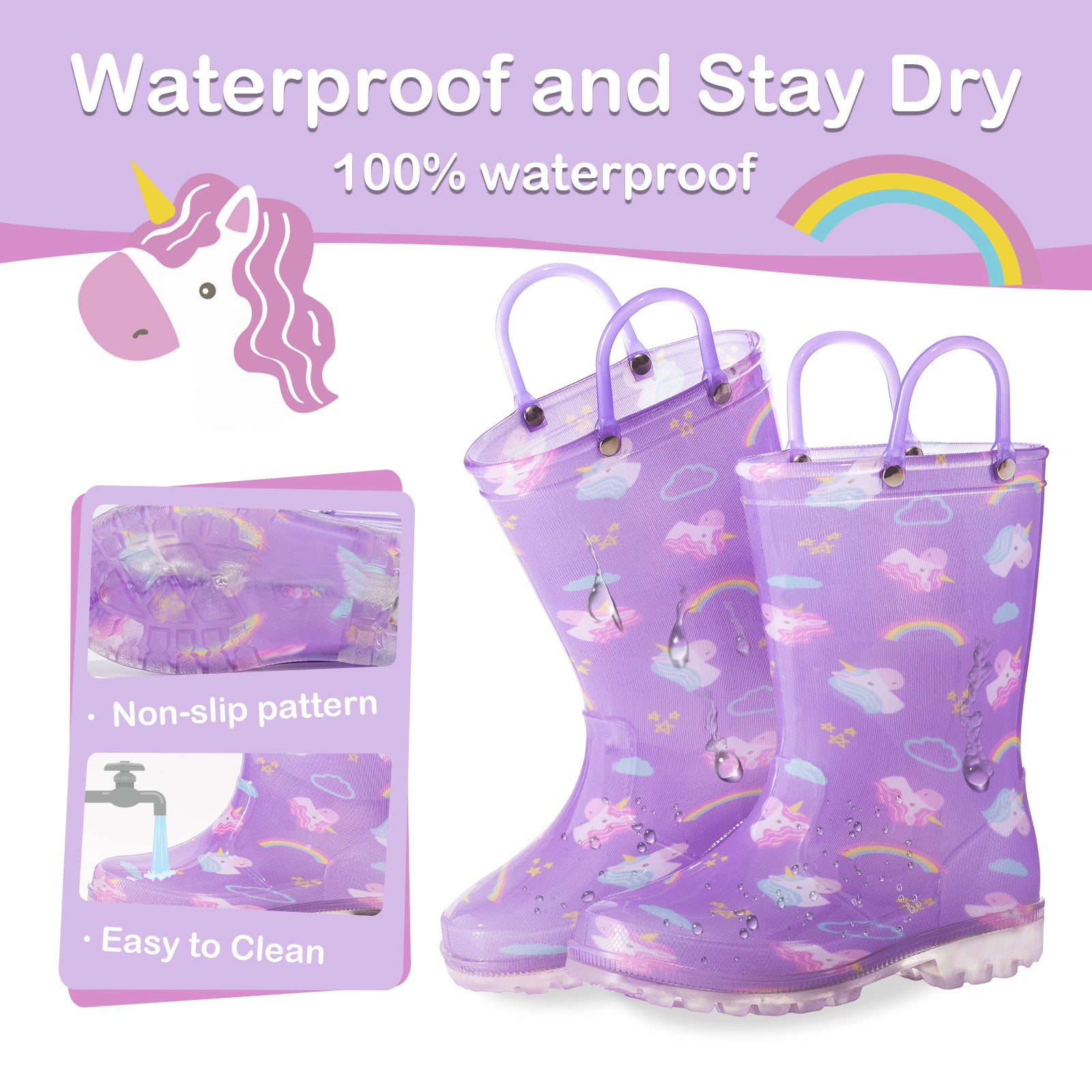 Light Up Purple Unicorn Rain Boots