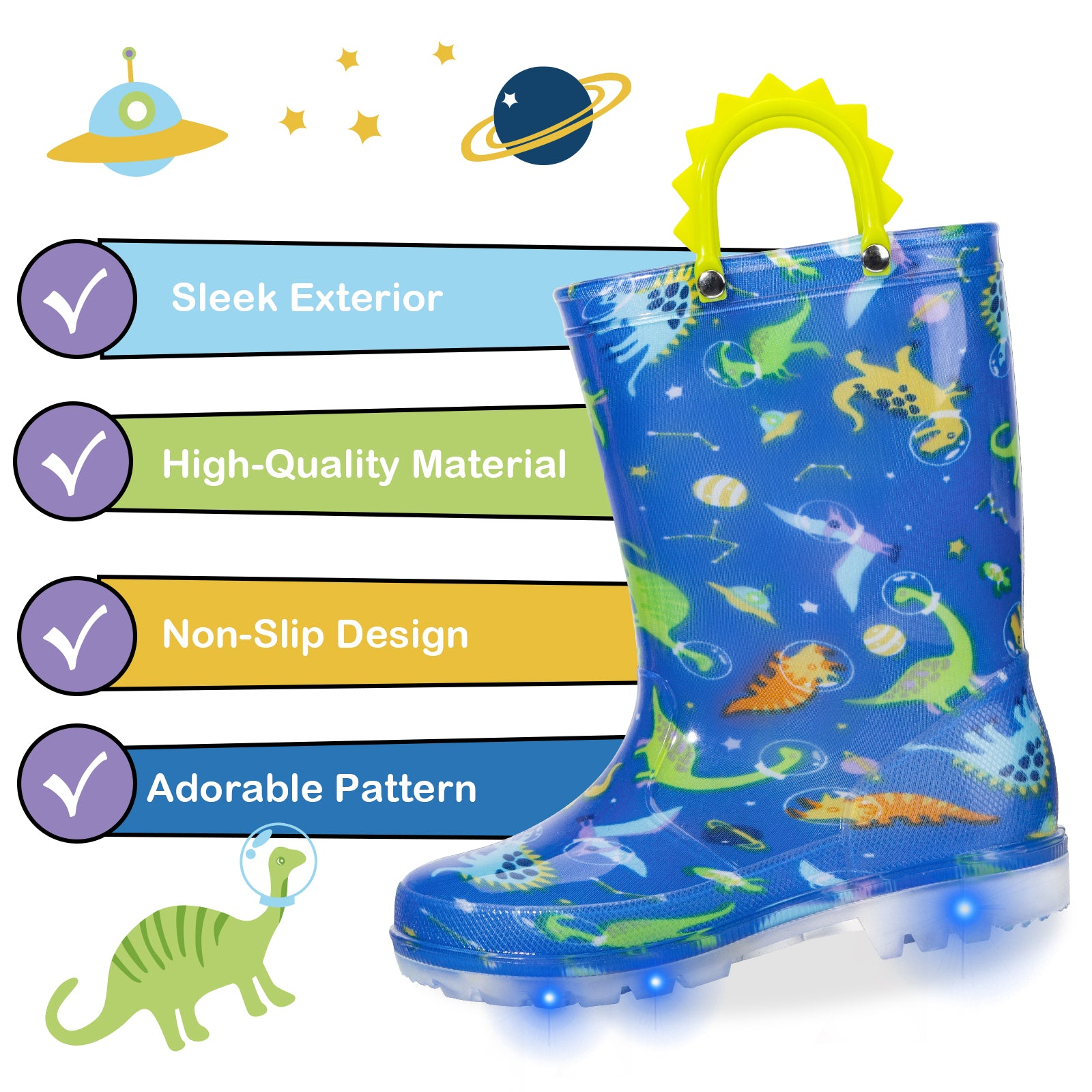 Boy Space Dinosaur Light Up Waterproof Rain Boots