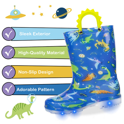 Boy Space Dinosaur Light Up Waterproof Rain Boots